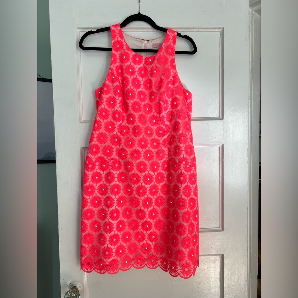 Lilly pulitzer bright pink shift with pearl flower detail